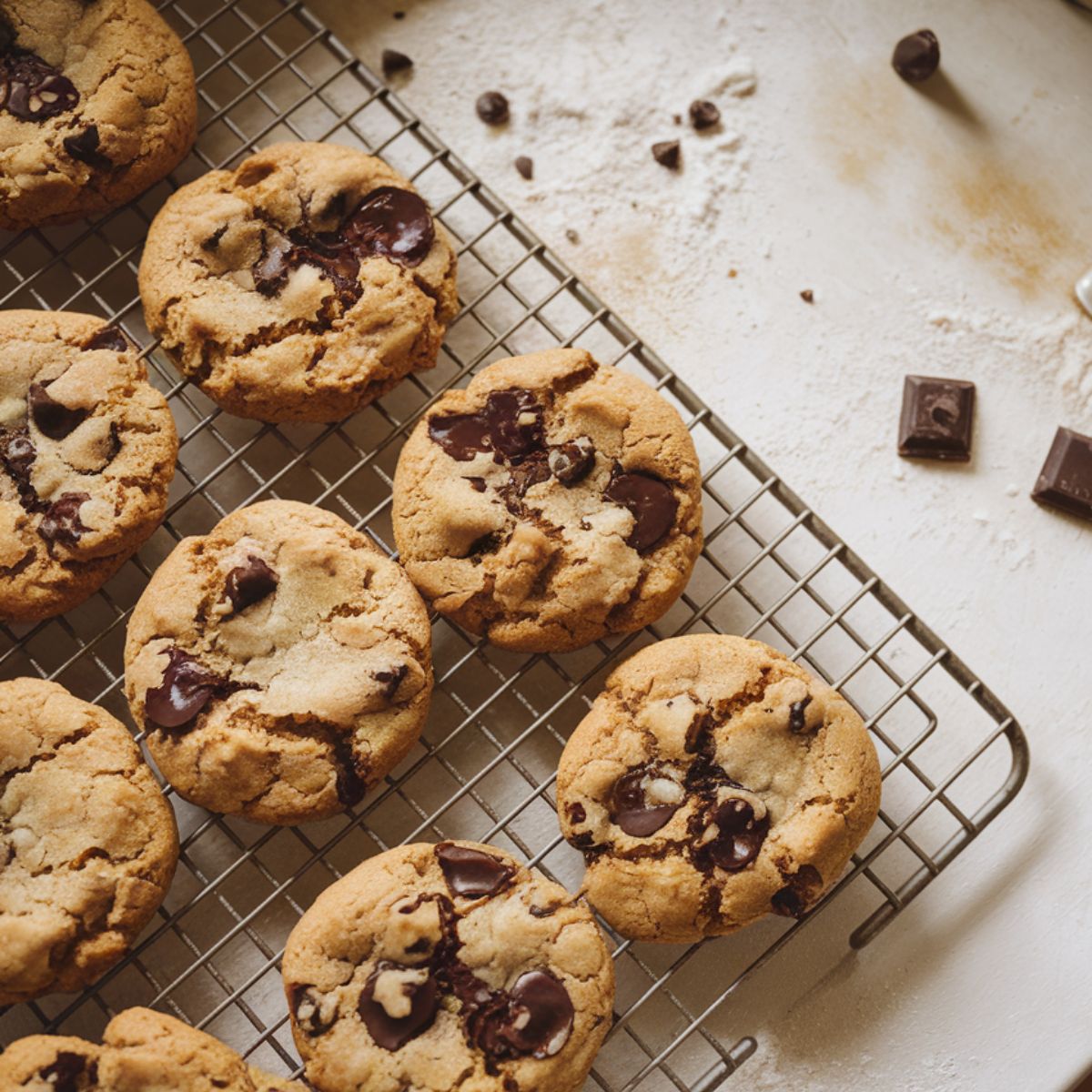 A batch of homemade chocolate chip cookies cooling on a wire rack, with melted chocolate pools and a rustic, homemade appearance.