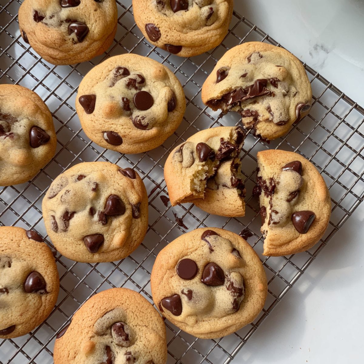 Nestles chocolate chip cookies cooling on a wire rack, with gooey chocolate chips and golden edges.