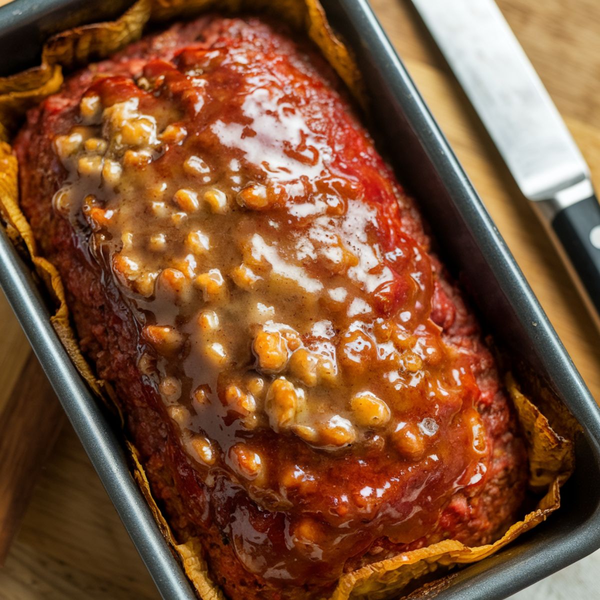 A freshly baked stove top stuffing meatloaf in a loaf pan, with a golden, caramelized glaze on top.