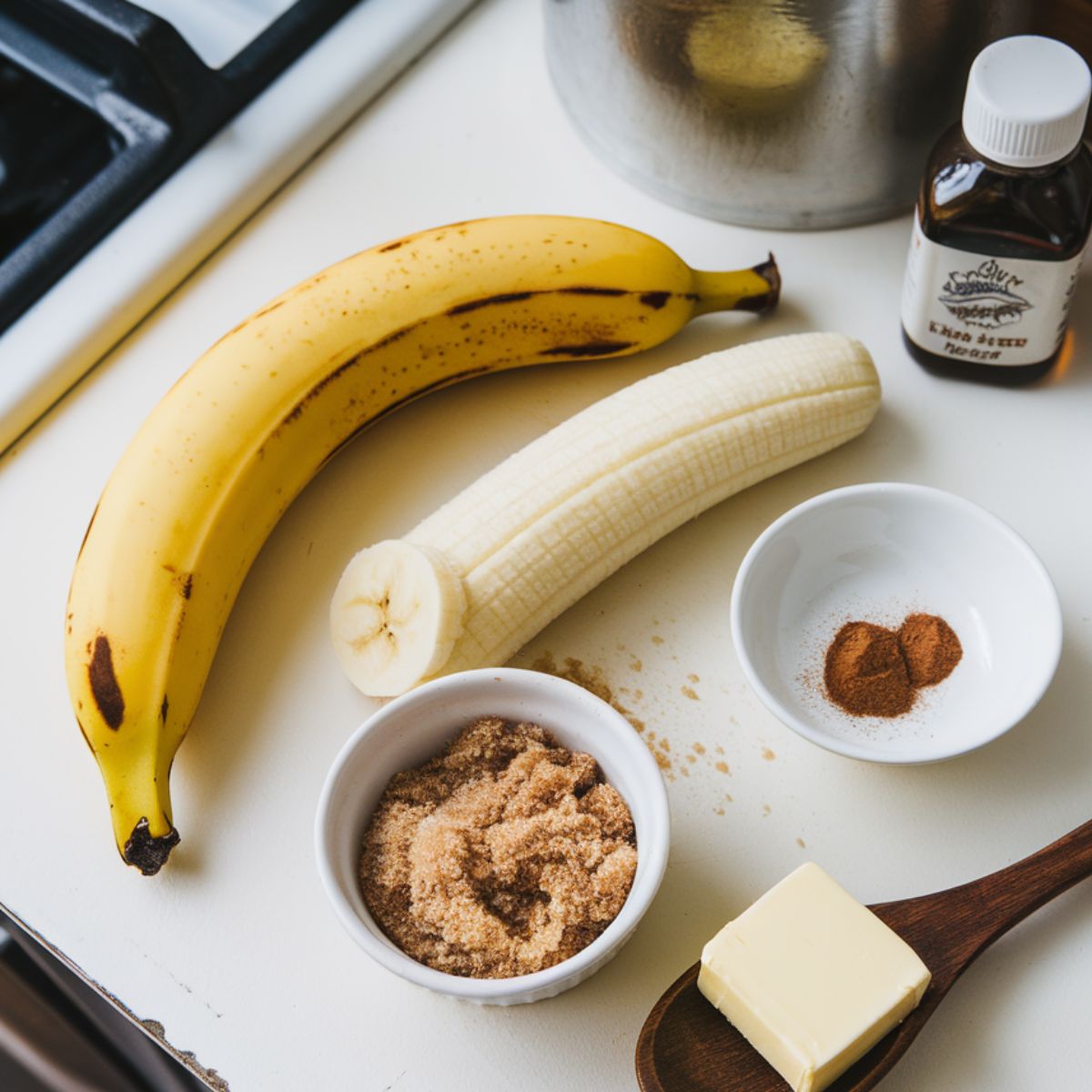 Fried bananas ingredients including Bananas, brown sugar, butter, and cinnamon laid out on a white kitchen counter, ready for making fried bananas.