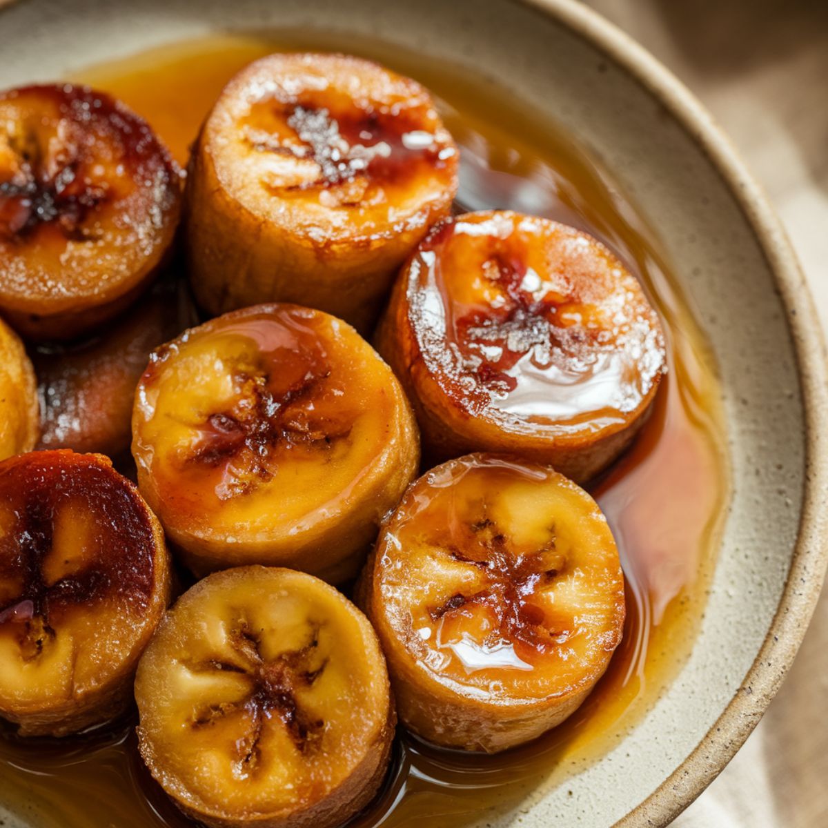 Homemade caramelized fried bananas with golden-brown crispy edges, coated in glossy syrup, served on a ceramic plate with a warm, natural look.