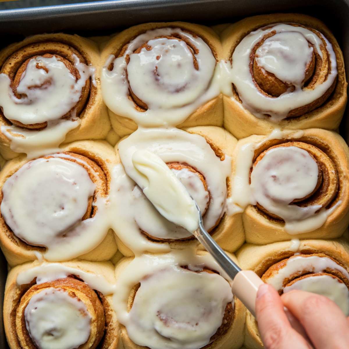 A hand spreading cream cheese frosting over warm, freshly baked cinnamon rolls in a baking pan.