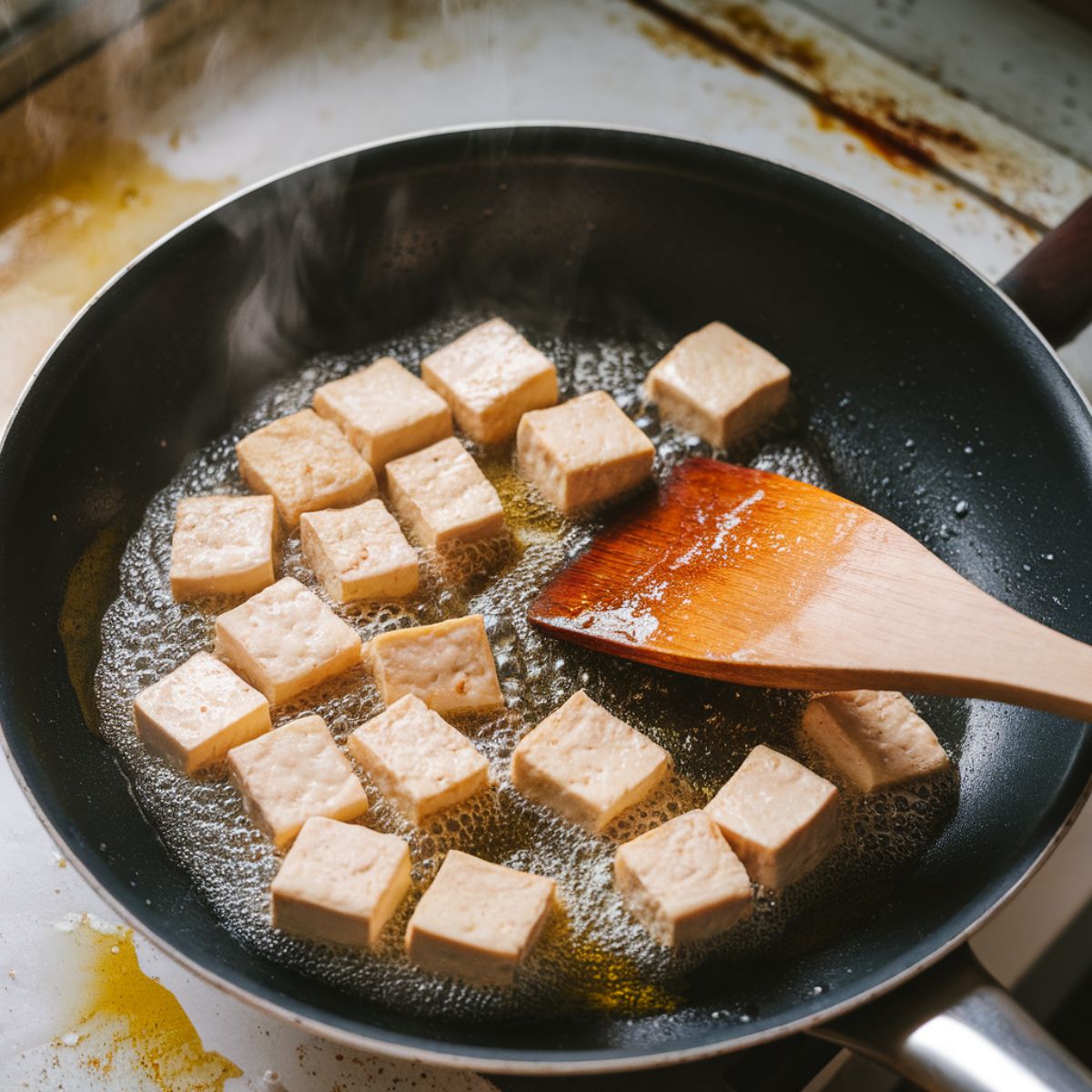 Firm tauhu cubes frying in bubbling oil in a black pan, some pieces golden brown, with a wooden spatula moving them