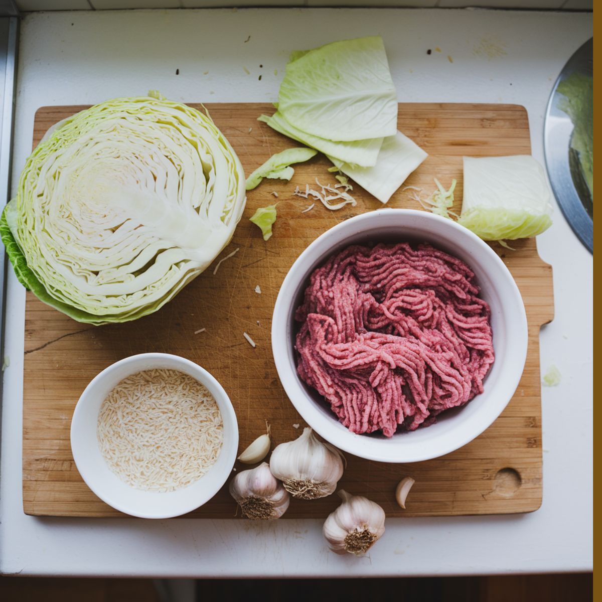 golumpki recipe ingredients including halved cabbage, ground meat mixture, a small dish of uncooked rice, and fresh garlic on a wooden cutting board.