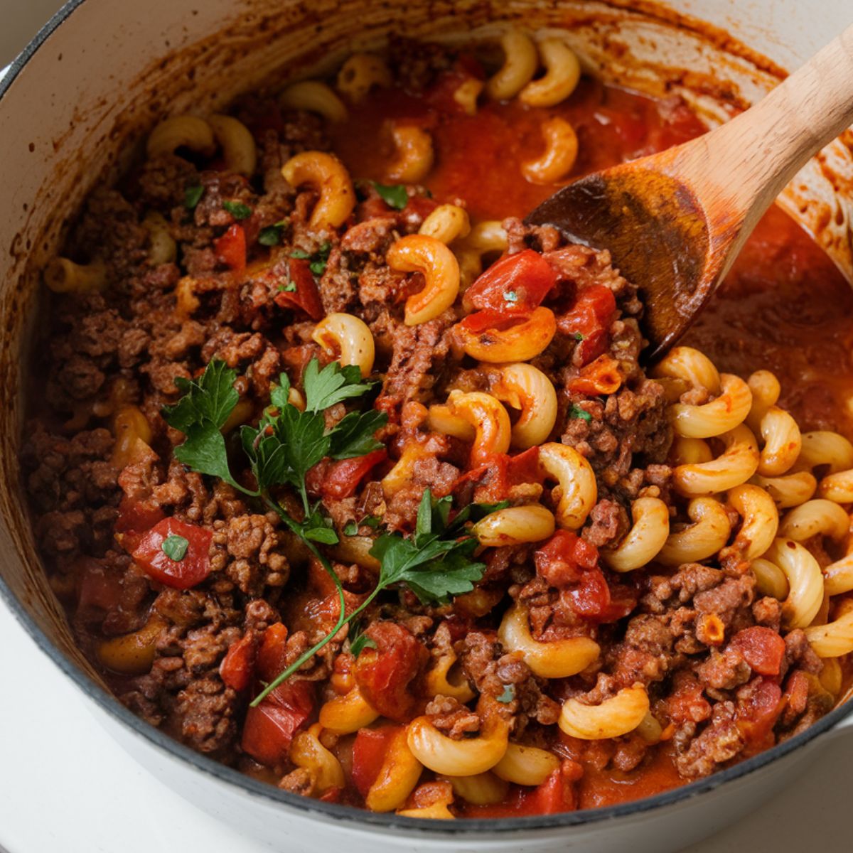 A homemade bowl of cheesy beefaroni with rich tomato sauce and seasoned beef.