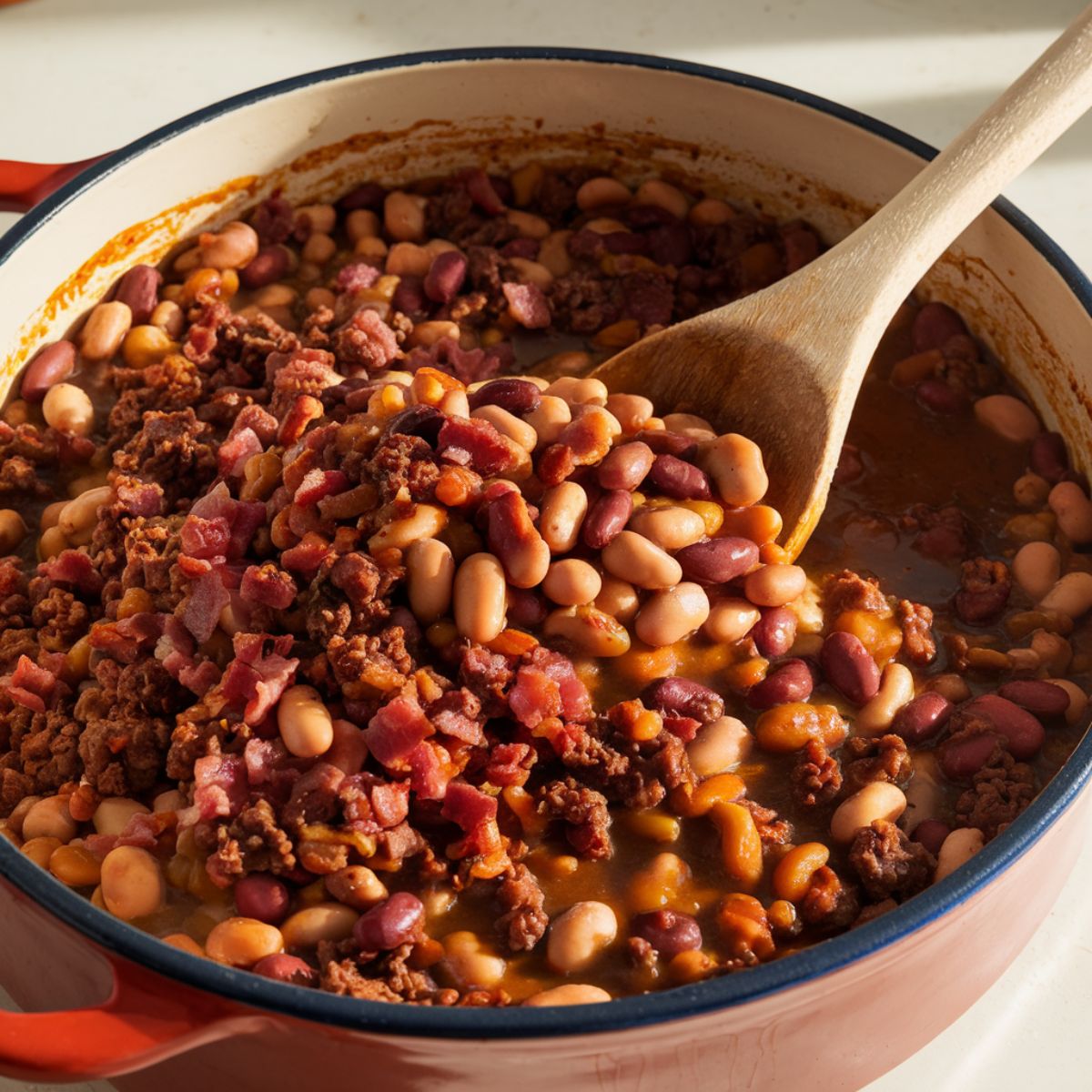 A pot of homemade calico beans with kidney beans, navy beans, and bacon in a thick sauce. A wooden spoon stirs the mixture under warm natural light.