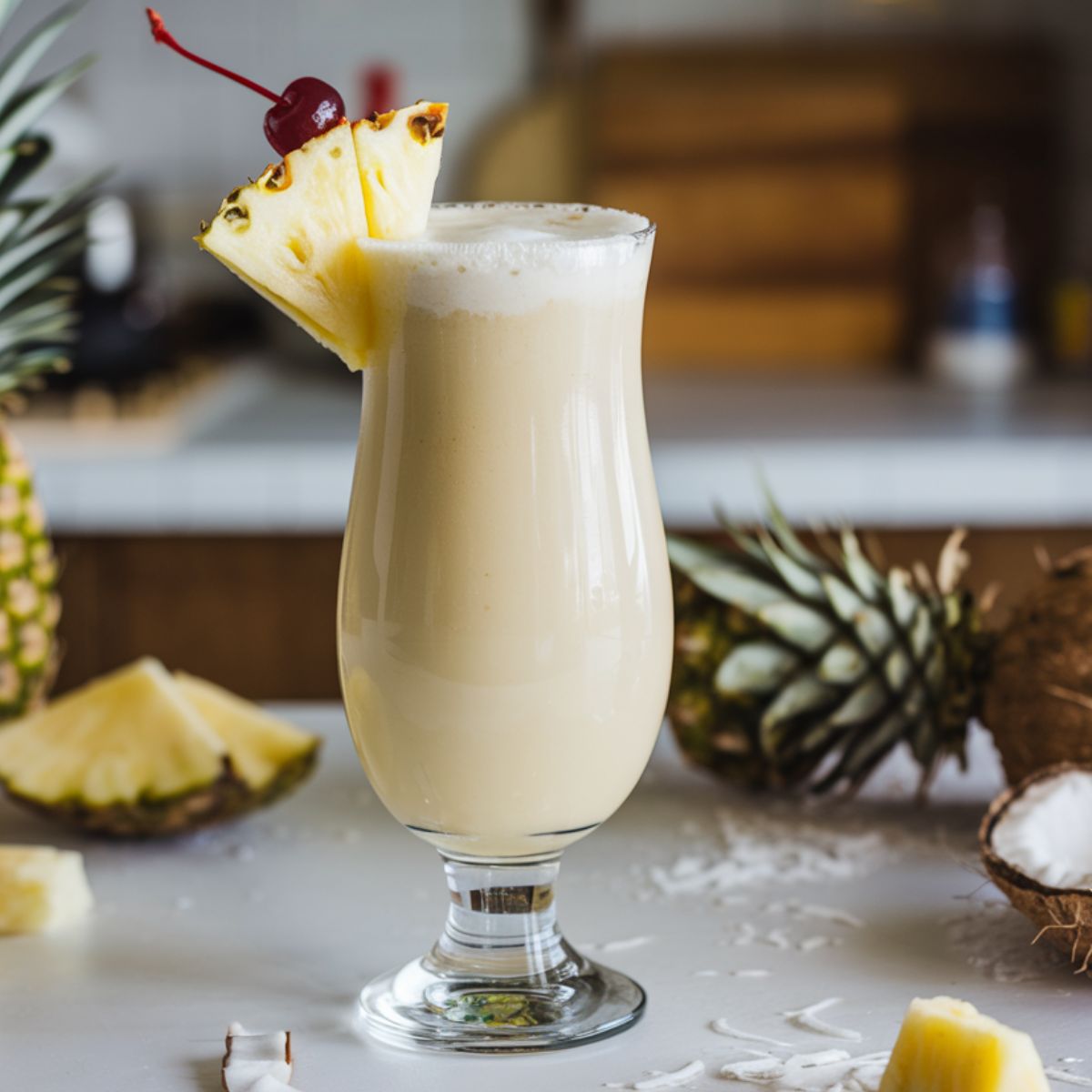 A homemade Coco Lopez Piña Colada in a glass, topped with pineapple and cherry, sitting on a white kitchen counter.