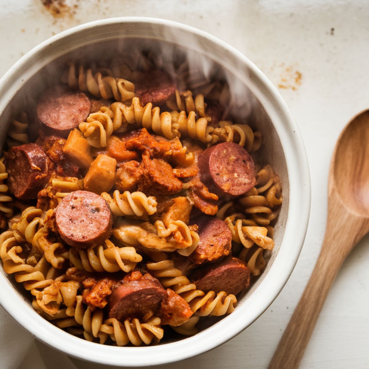 A homemade bowl of Louisiana pastalaya with sausage, chicken, and rotini pasta in a rich Cajun sauce, served on a white kitchen counter with a wooden spoon.