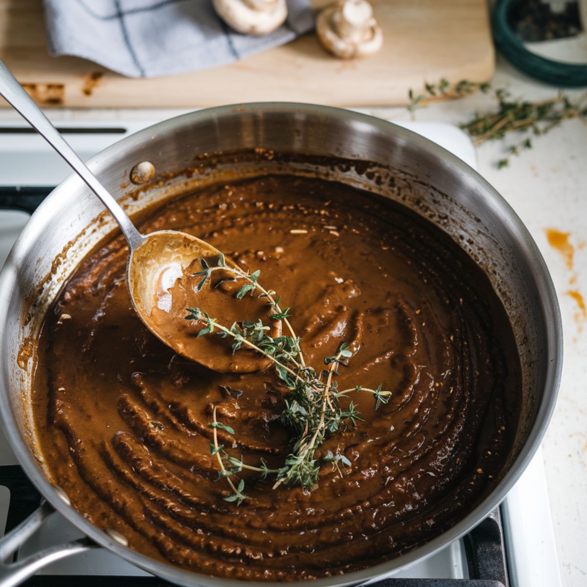 Overhead shot of a skillet with homemade mushroom gravy bubbling on the stovetop, with fresh thyme sprinkled on top.