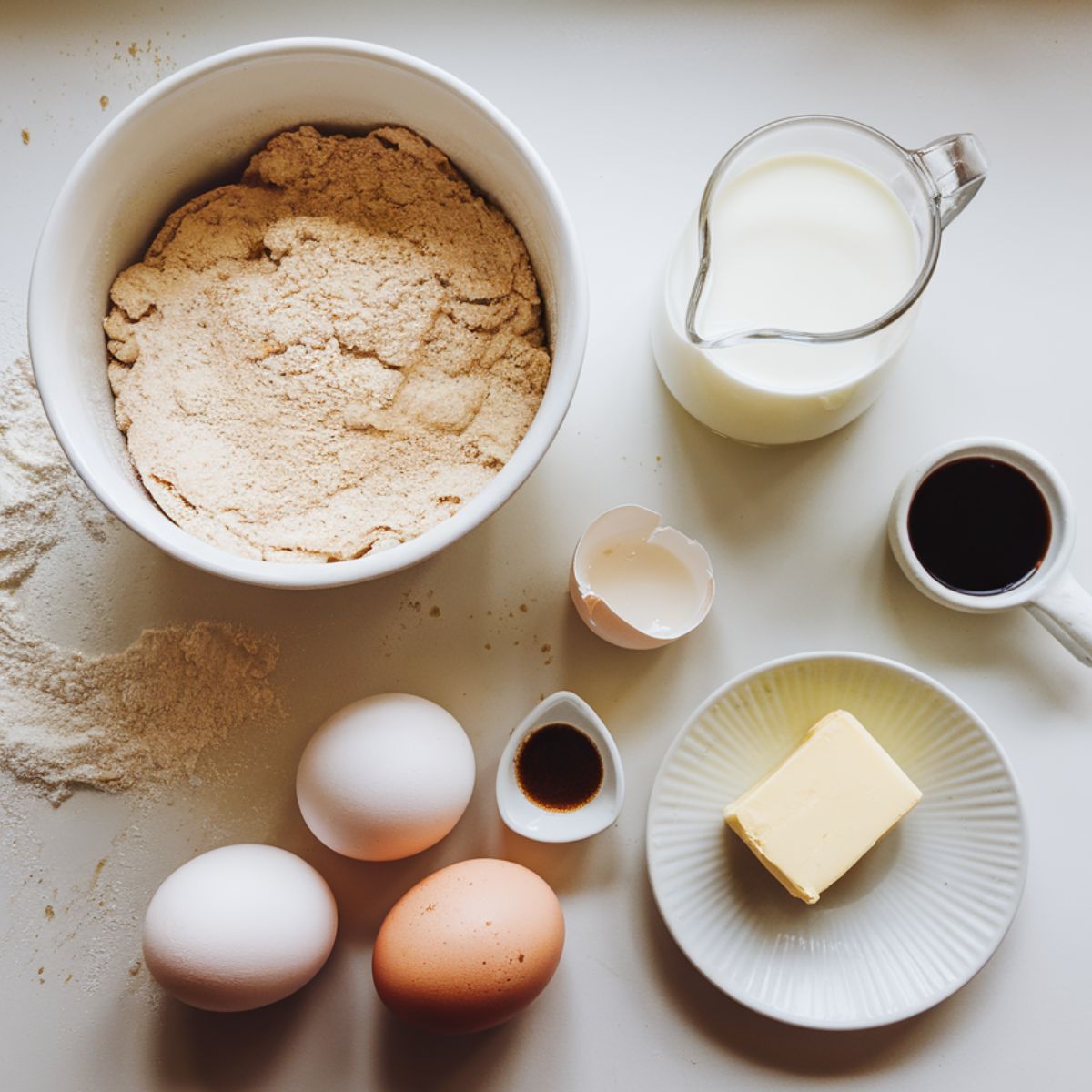 hotcake mix recipe ingredients, including flour, eggs, milk, butter, and vanilla extract, spread across a white kitchen counter with a slight dusting of flour.