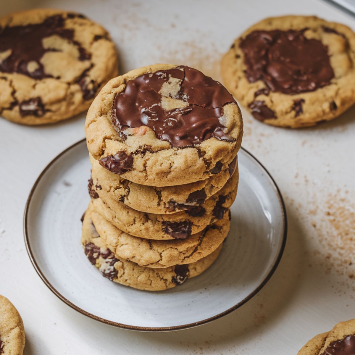 A stack of freshly baked Jacques Torres chocolate chip cookies on a white plate, surrounded by more cookies and scattered chocolate chunks on a white countertop.