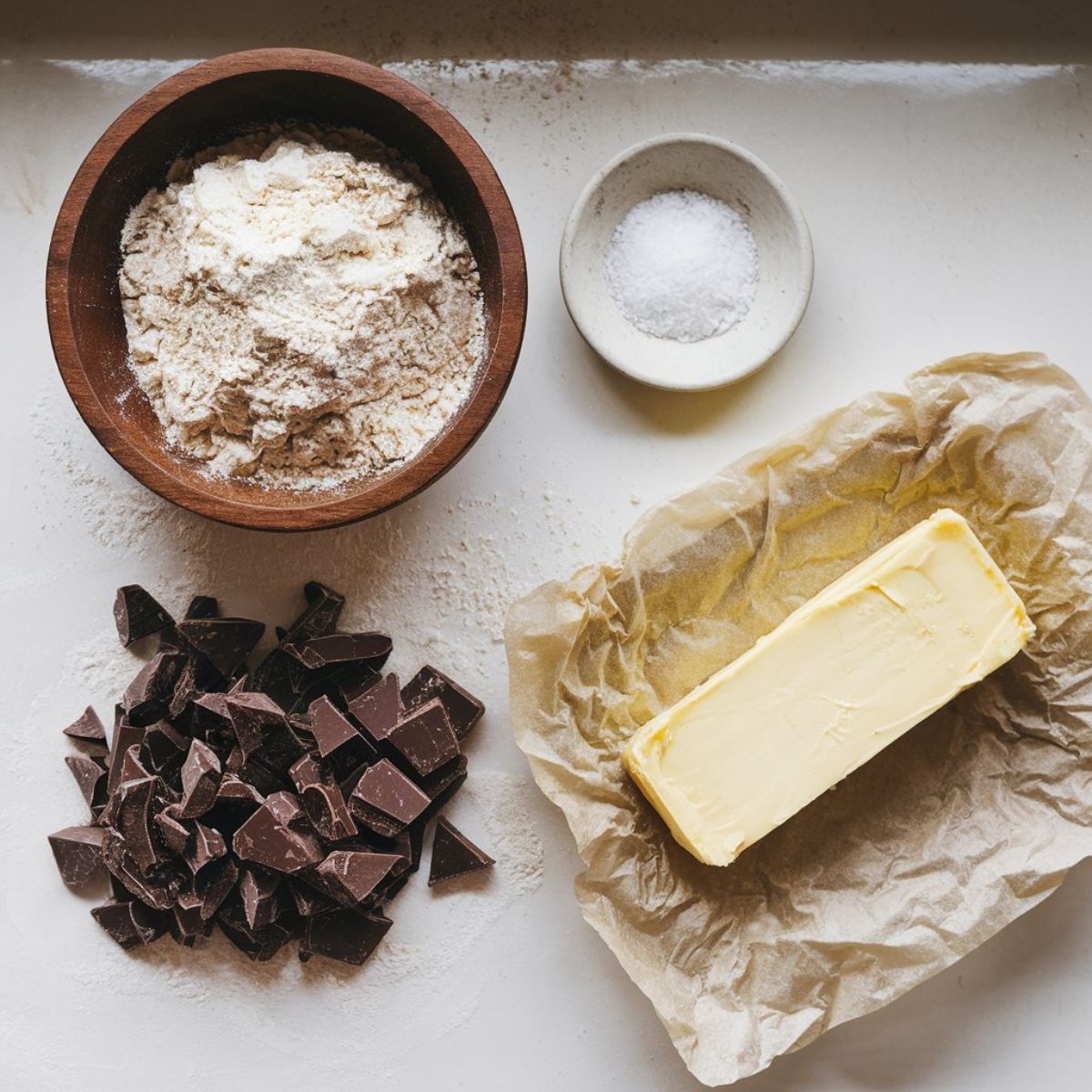 overhead view of high-quality jacques torres chocolate chip cookie recipe ingredients, including flour, butter, and dark chocolate fèves, laid out on a white kitchen counter.