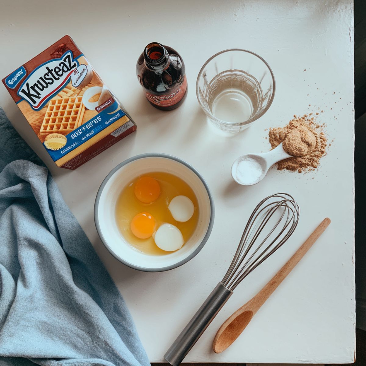 Ingredients for homemade Krusteaz waffles Recipe, including waffle mix, eggs, melted butter, vanilla, and club soda, arranged casually on a white kitchen counter.