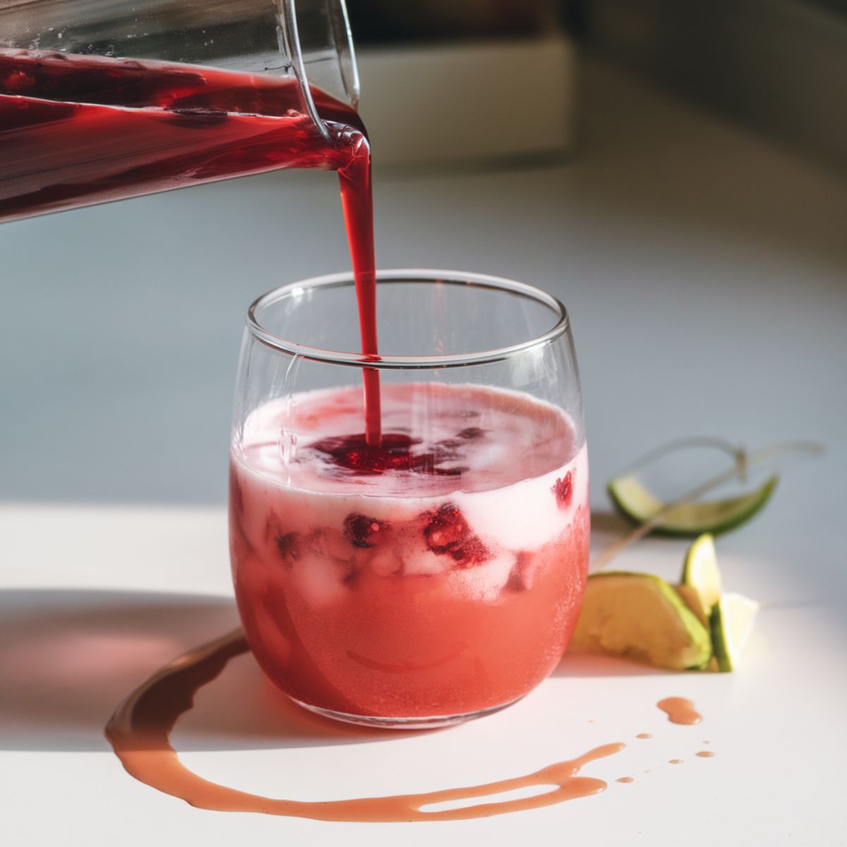 Cranberry juice being poured into a glass of Malibu Bay Breeze, creating a layered effect, on a slightly messy white kitchen counter.