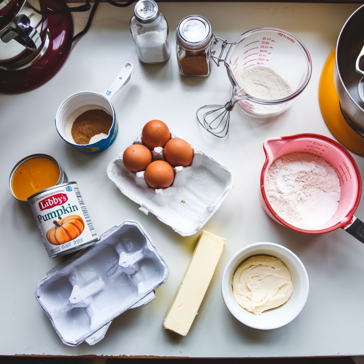 libby’s pumpkin roll recipe ingredients spread out on a kitchen counter, including pumpkin purée, cream cheese, eggs, and spices.