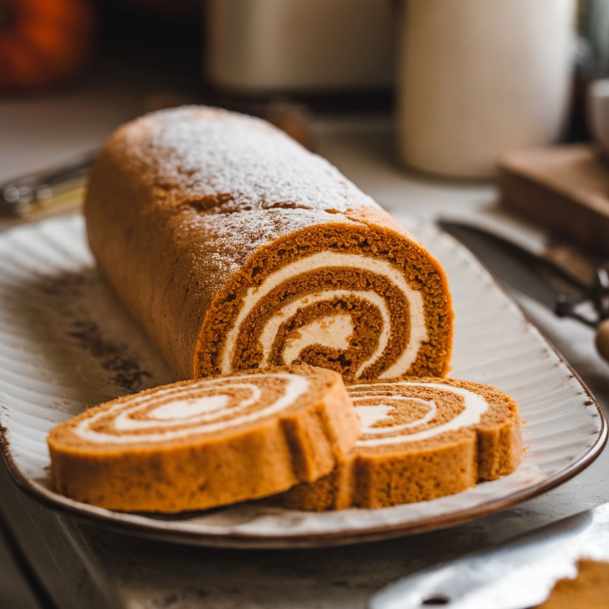 Homemade Libby’s pumpkin roll sliced on a plate, showing a creamy swirl filling with powdered sugar dusted on top