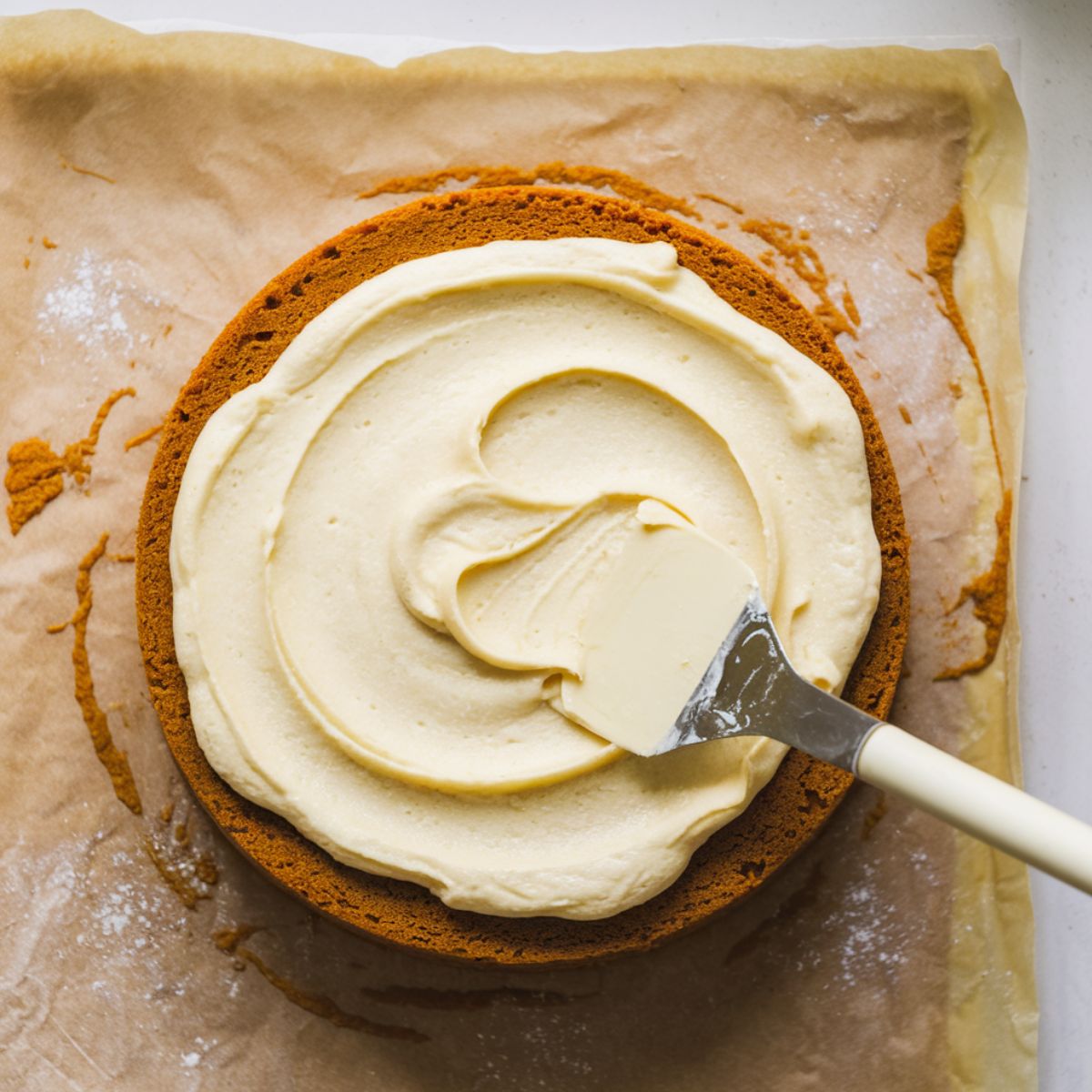 Homemade pumpkin roll cake unrolled on parchment paper with cream cheese filling being spread with an offset spatula.