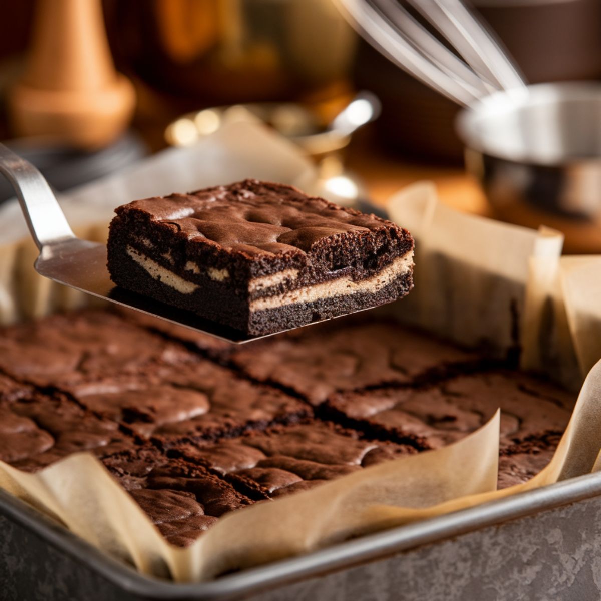 A metal spatula lifting a freshly baked slutty brownie from a parchment-lined pan, showing distinct layers of chocolate chip cookie, Oreo, and fudgy brownie on top.