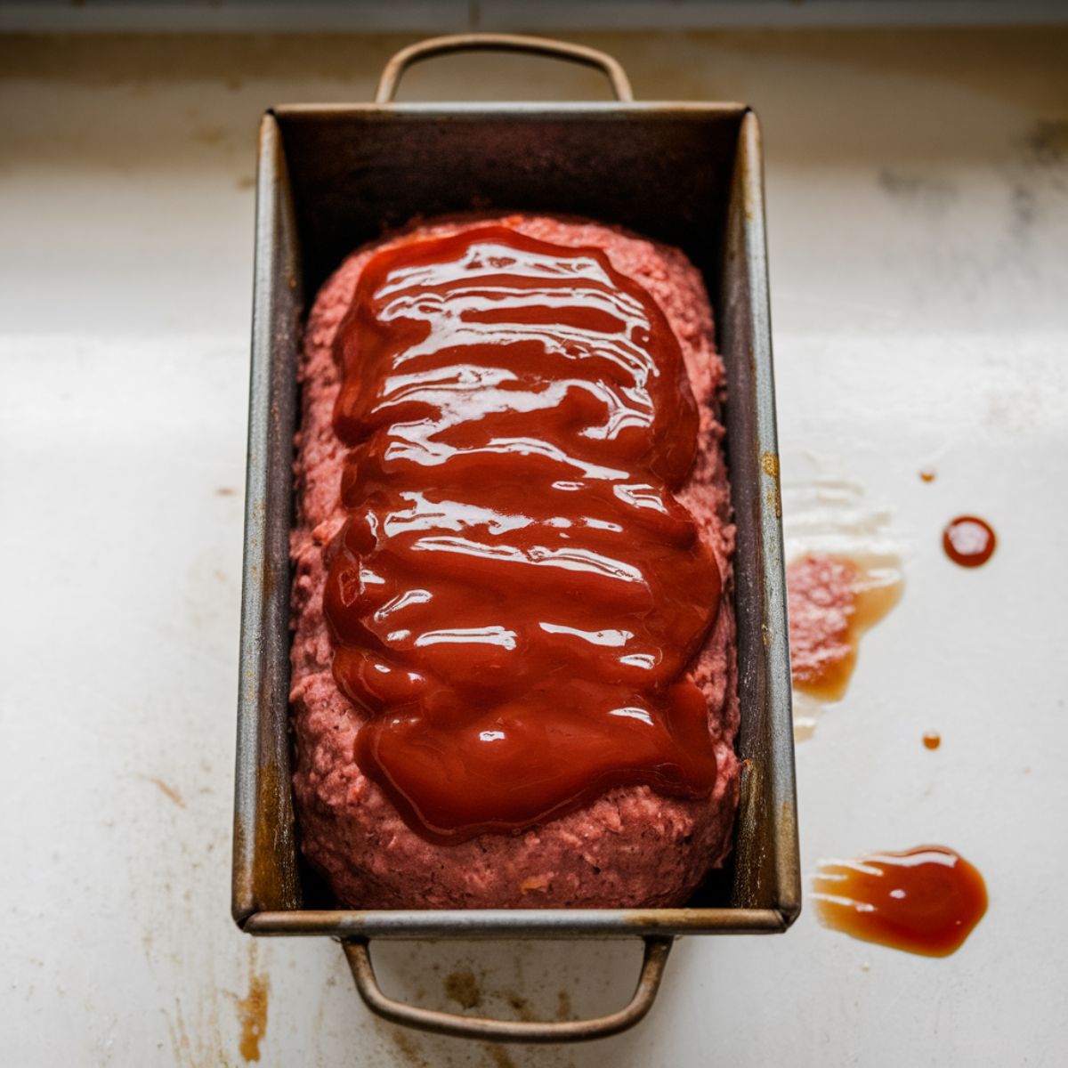 Raw meatloaf mixture in a metal loaf pan, topped with glossy ketchup glaze, ready for baking. Homemade feel with natural lighting.