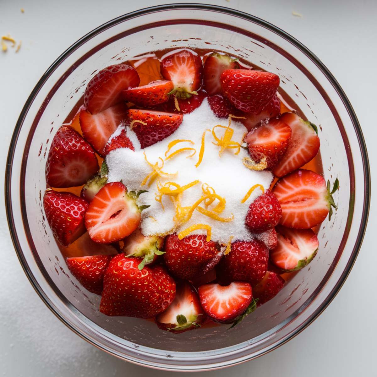 Freshly sliced strawberries in a glass bowl, sprinkled with sugar and lemon zest, beginning to release their juices