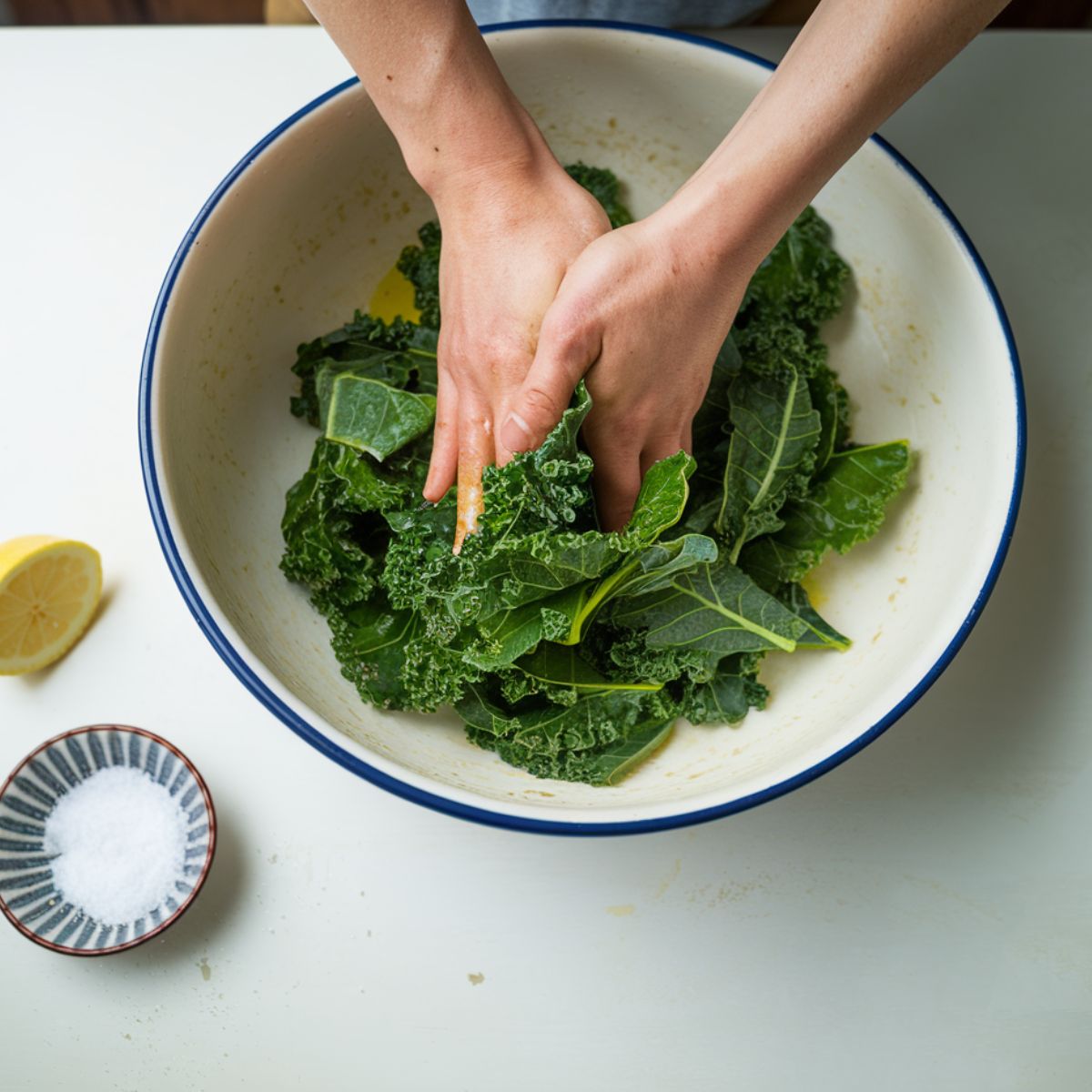 Hands massaging fresh kale leaves with olive oil in a white mixing bowl, with sea salt and a lemon wedge nearby.