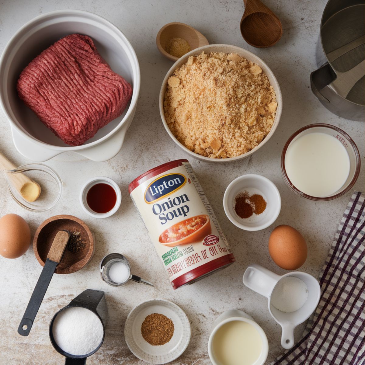 Meatloaf Recipe Lipton Onion Soup Ingredients: ground beef, soup mix, bread crumbs, eggs, milk, and spices, arranged on a white counter.