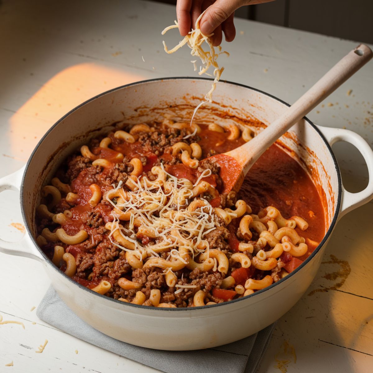 Freshly grated cheese being sprinkled over homemade beefaroni in a skillet, with rich tomato sauce and beef mixture, just before mixing.