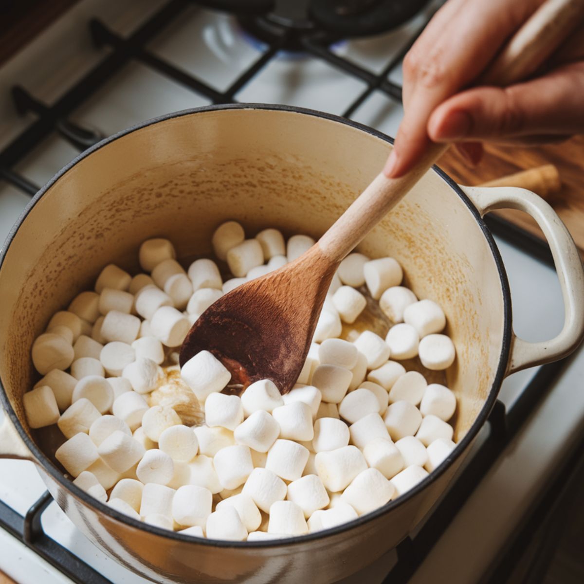 A home cook stirring melted marshmallows and butter in a pot on the stove, gooey strands forming.