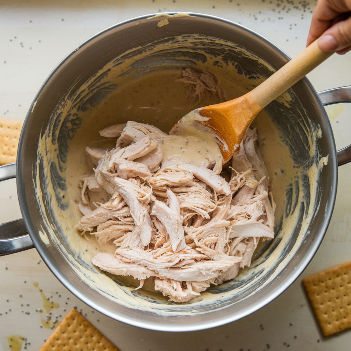 A bowl of shredded chicken being mixed with creamy sauce using a wooden spoon, with poppy seeds sprinkled in.