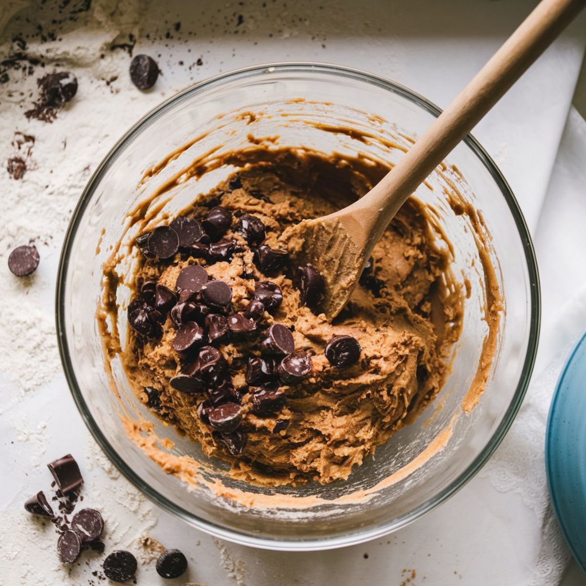 A homemade chocolate chip cookie dough being mixed in a glass bowl, with visible chocolate pieces and a rustic, homemade feel.