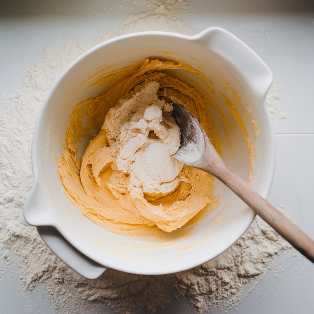 mixing Mama Kelce cookies dough in a white bowl including creamed butter and sugar, with a wooden spoon resting on the side, on a slightly messy white kitchen counter.