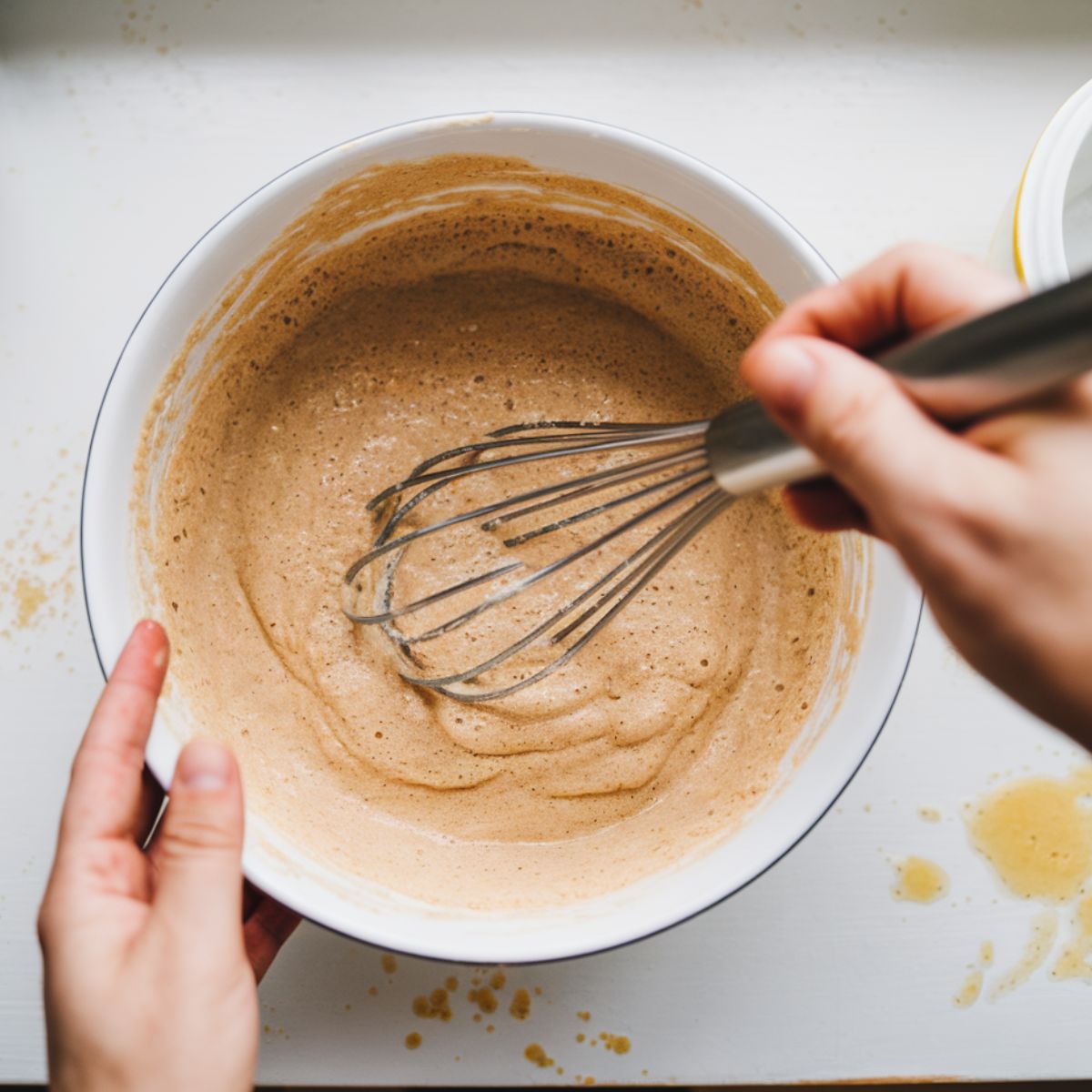 A hand whisking homemade hotcake batter in a bowl on a white kitchen counter, with a slightly messy and natural setup.