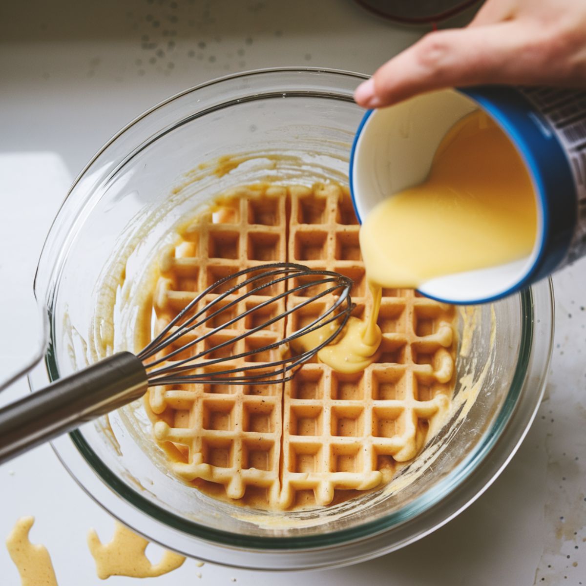 A glass mixing bowl with Krusteaz waffle batter being stirred with a whisk.