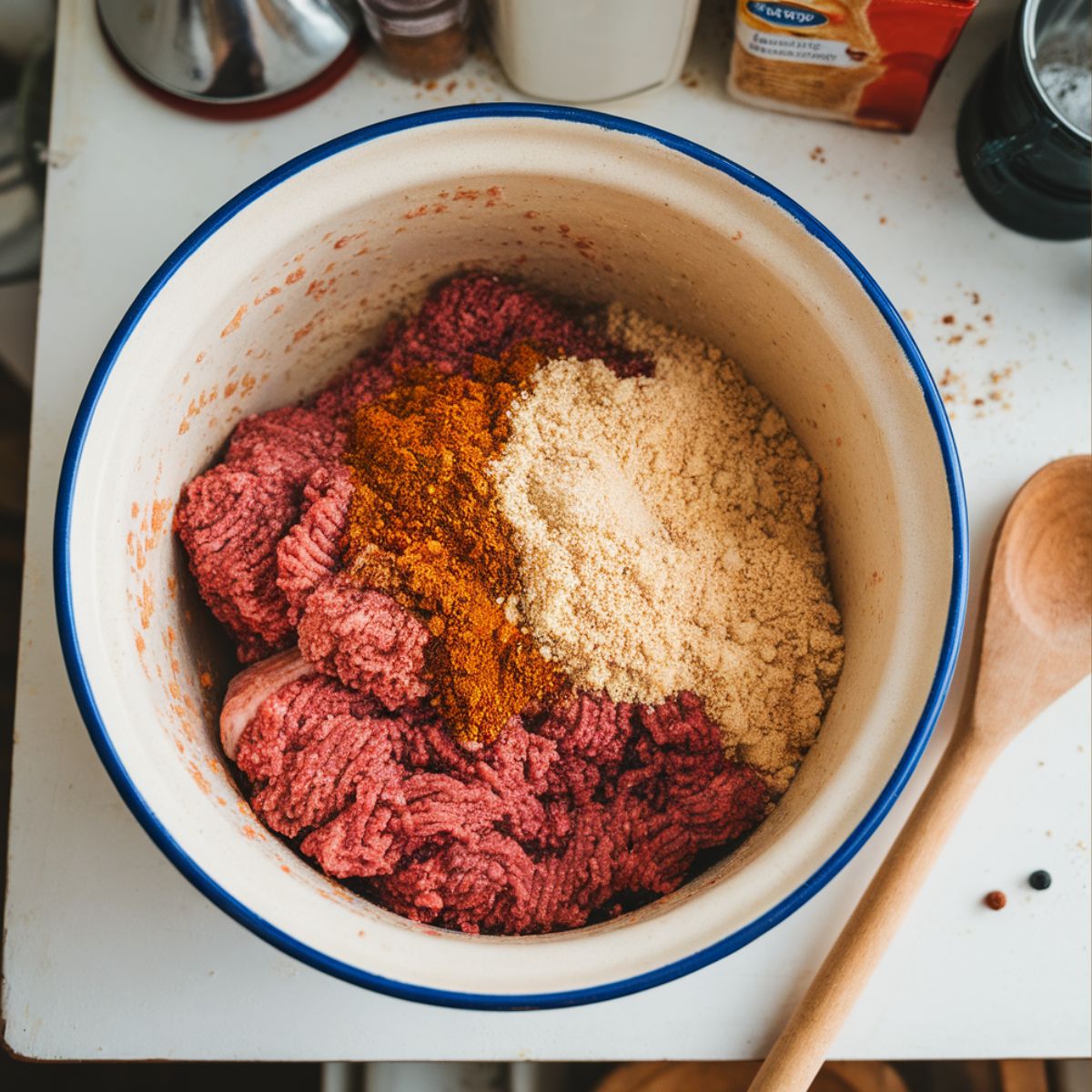 Mixing ground beef, bread crumbs, and Lipton onion soup mix in a bowl. Homemade preparation with natural lighting and authentic feel.