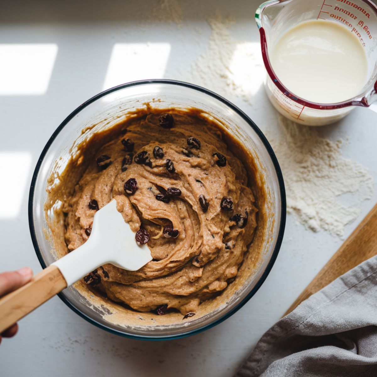 A mixing bowl with raisin bran muffin batter being folded with a rubber spatula, showing the thick texture and visible raisins.