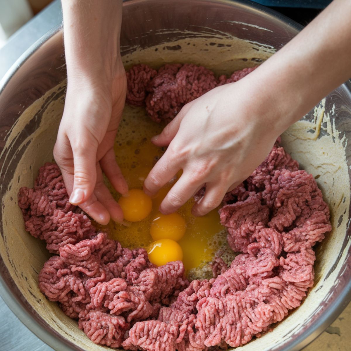 Hannah hands mixing ground beef, stuffing, and eggs in a bowl, showing the homemade preparation of meatloaf.