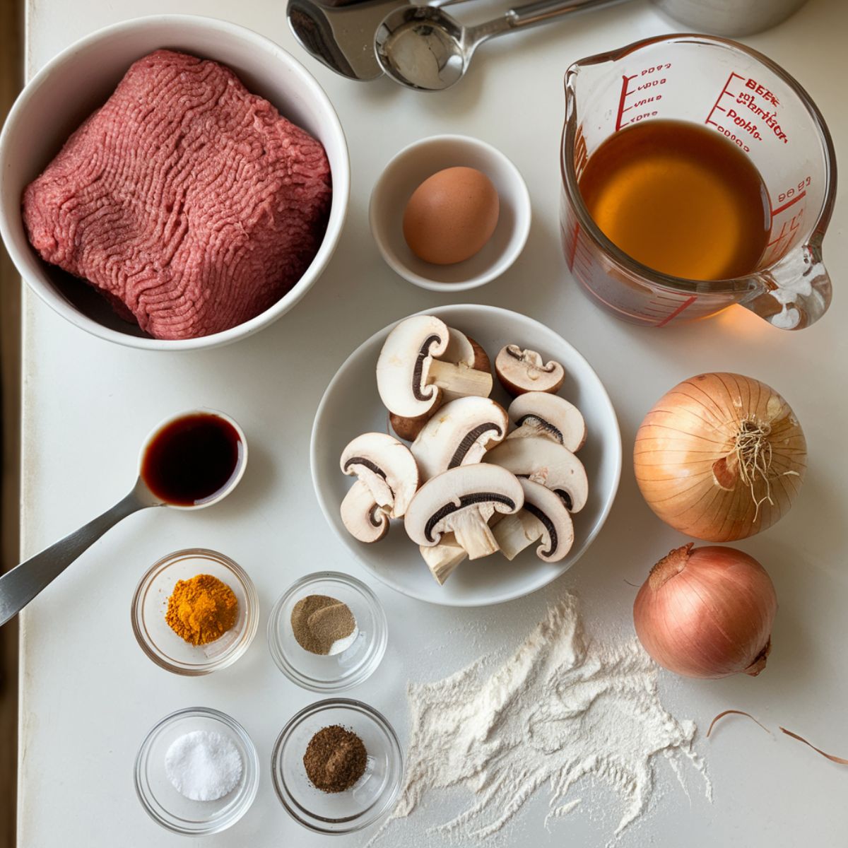 old fashioned salisbury steak recipe ingredients on a white kitchen counter, including ground beef, breadcrumbs, egg, mushrooms, onion, beef broth, and seasonings.