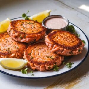 A plate of crispy homemade old fashioned salmon patties with lemon wedges on a white kitchen counter, photographed from above.