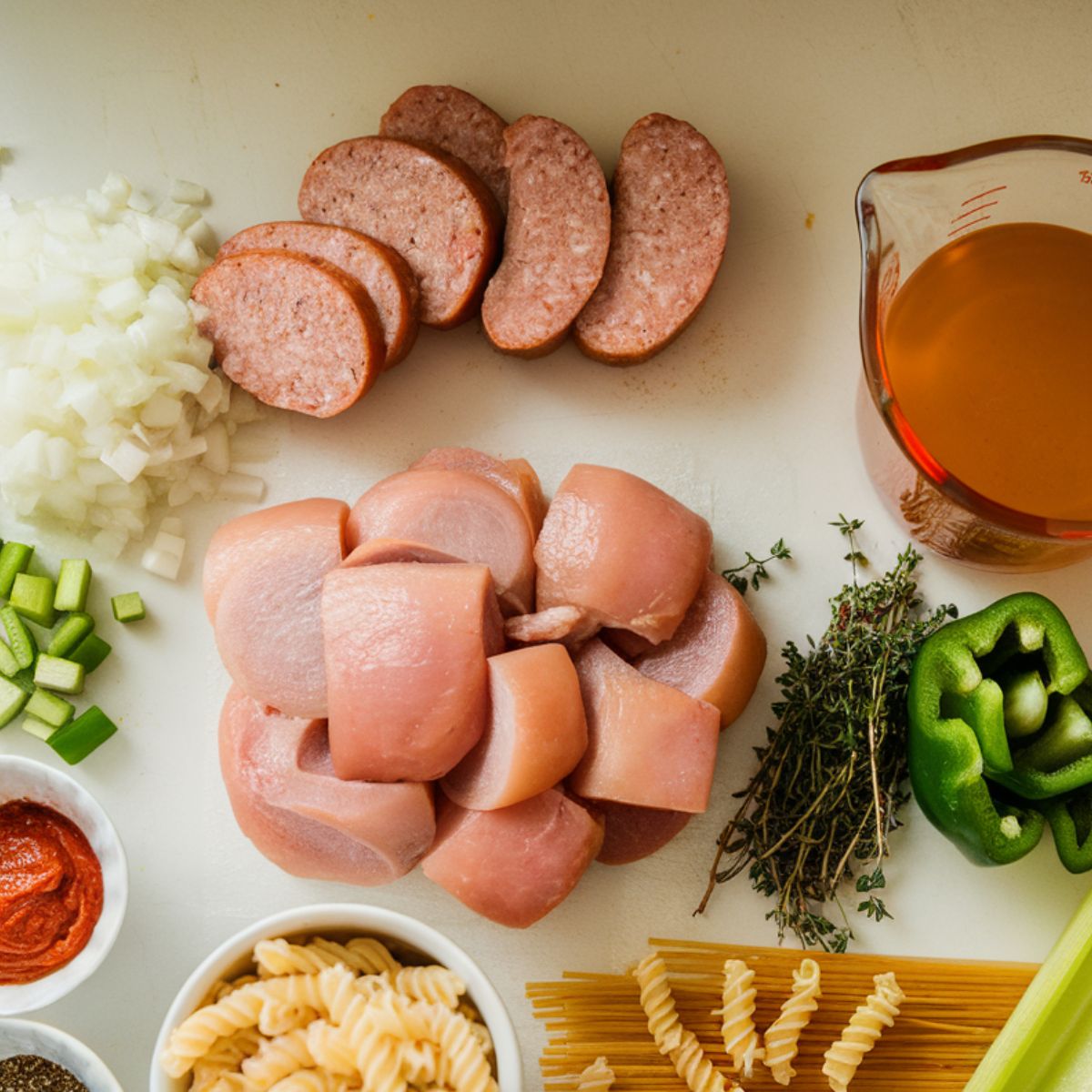 A top-down view of raw pastalaya recipe ingredients, including sliced sausage, chicken, diced onions, bell peppers, celery, garlic, pasta, and seasonings, spread on a white kitchen counter.