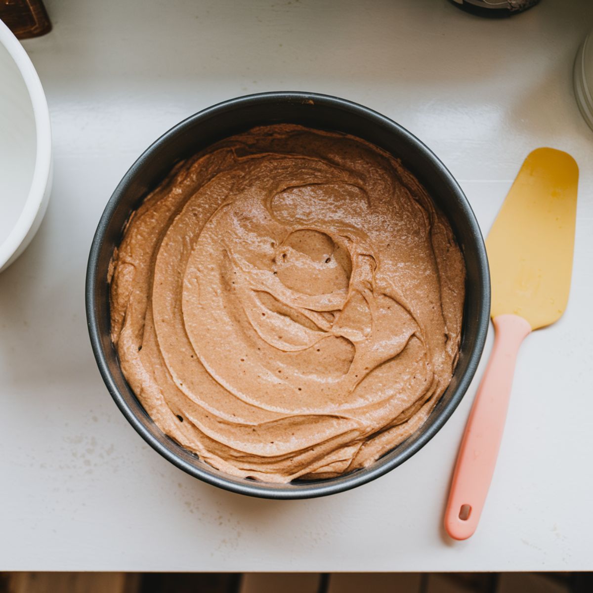 Cake batter in a round pan, slightly uneven, with batter drips on the white counter and a rubber spatula resting beside it