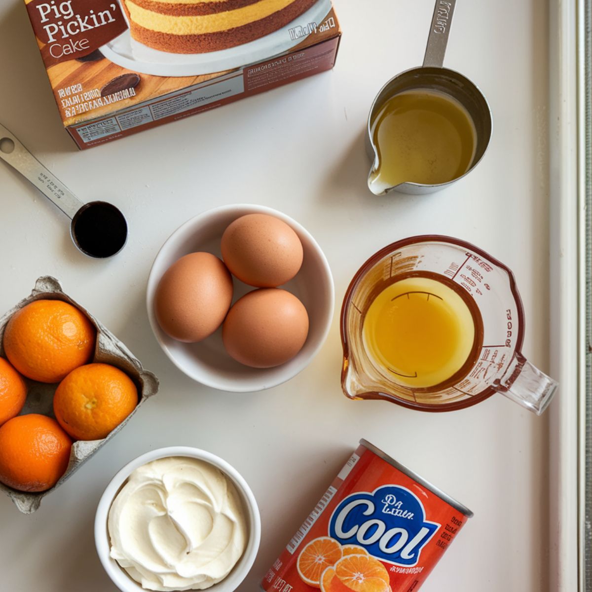 Pig Pickin Cake Recipe ingredients, including yellow cake mix, mandarin oranges, eggs, oil, vanilla, and Cool Whip, laid out casually on a white kitchen counter.