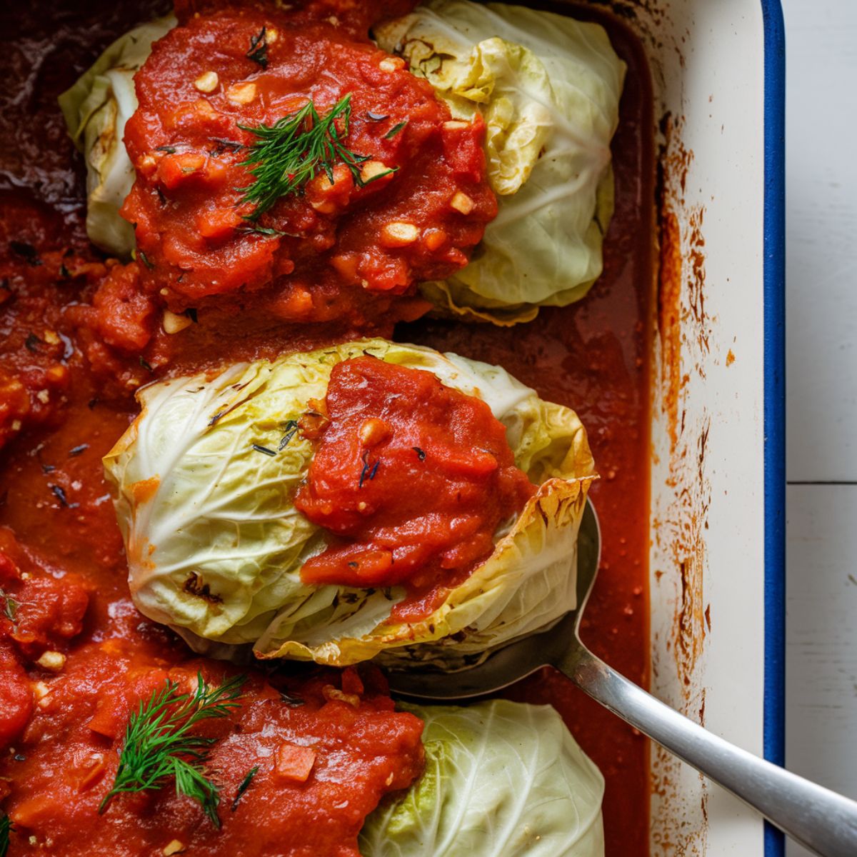 Homemade Polish golumpki cabbage rolls covered in chunky tomato sauce, garnished with fresh dill and parsley in a white baking dish.