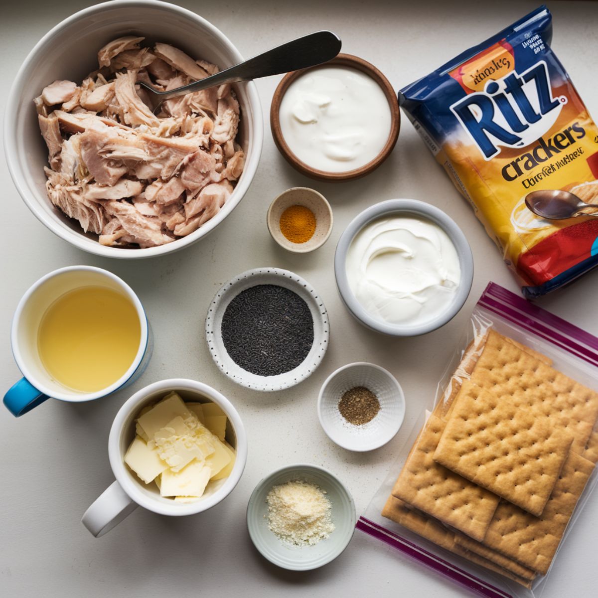 All ingredients for poppy seed chicken casserole arranged on a white kitchen counter, including shredded chicken, sour cream, and seasonings.