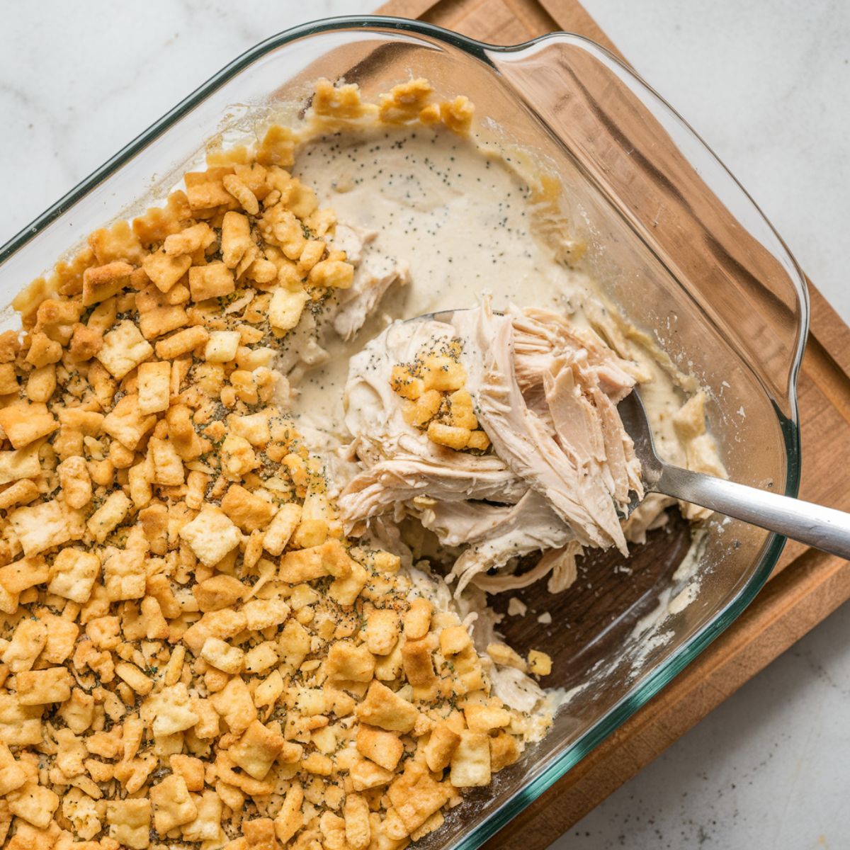 Creamy poppy seed chicken casserole with a golden, crunchy cracker topping in a glass baking dish. A spoon scoops out a portion, revealing tender shredded chicken.