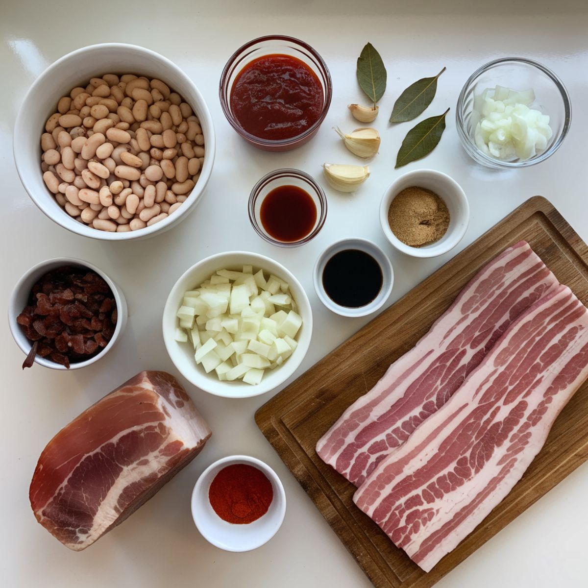 pork and beans recipe ingredients, including navy beans, bacon, ham hock, spices, and sauce, laid out on a white kitchen counter