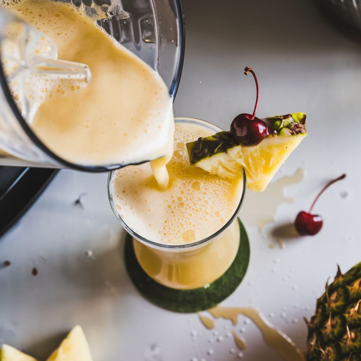 A fresh piña colada being poured from a blender into a glass on a home kitchen counter, with garnishes nearby.