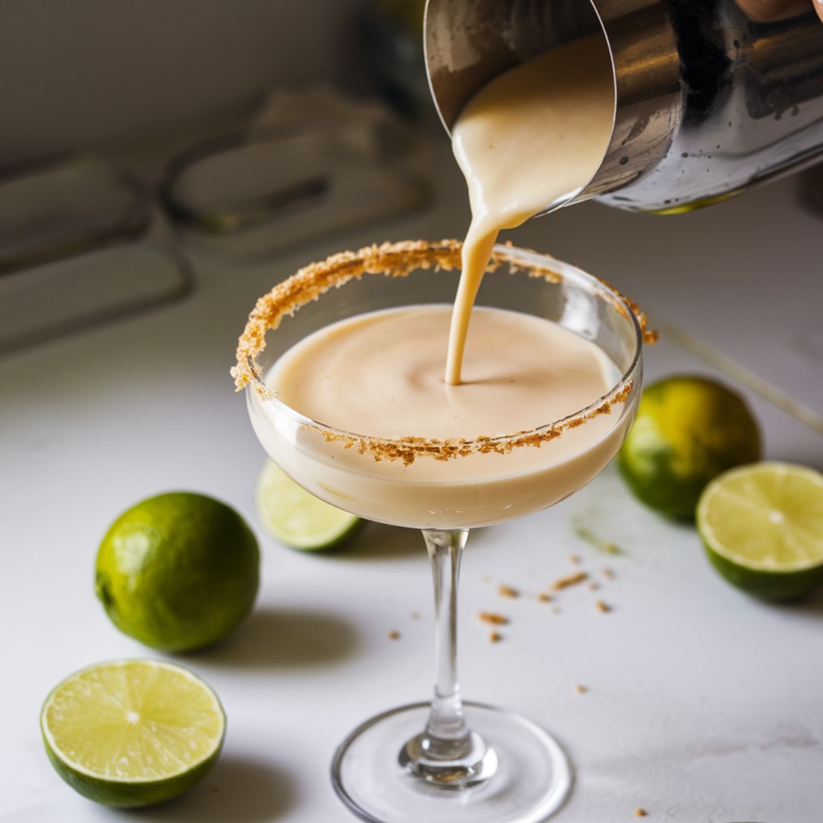 A creamy Key Lime Pie Martini being poured from a cocktail shaker into a rimmed martini glass on a white kitchen counter.