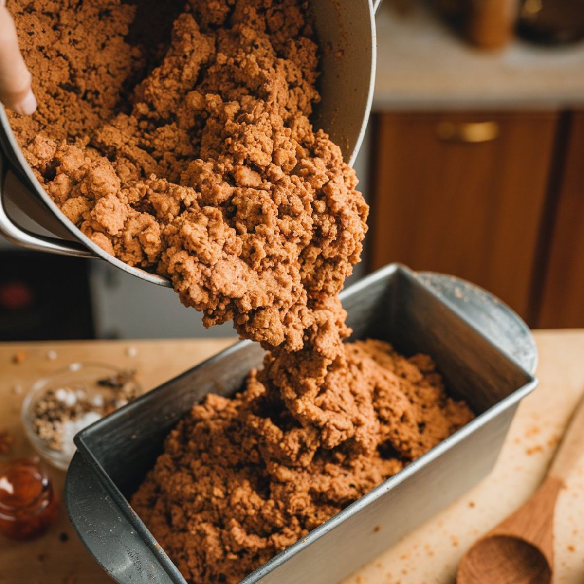 Scrapple mixture being poured into a metal loaf pan, showing its thick, grainy texture with seasoning specks.