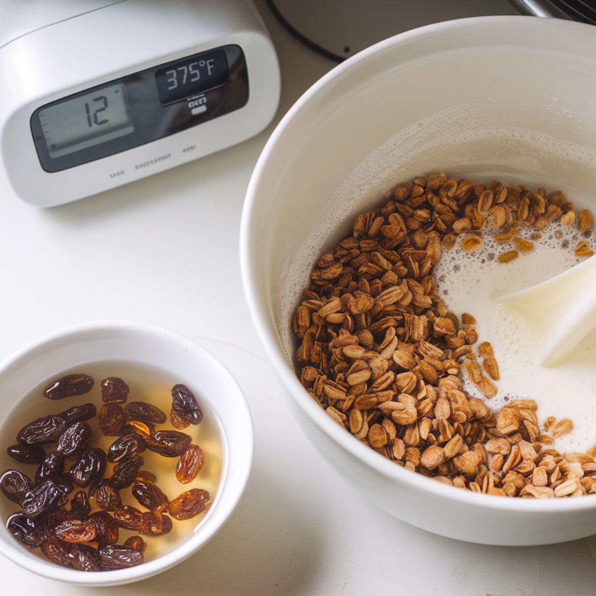 Soaking raisins in warm water and mixing bran with buttermilk on a wooden countertop. A timer counts 12 minutes while an oven preheats to 375°F.