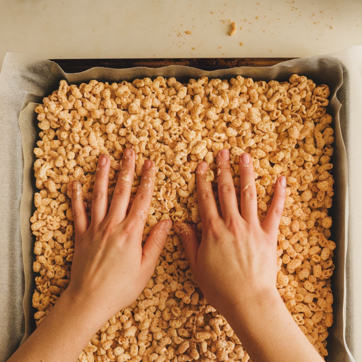 A home baker pressing Rice Krispie mixture into a parchment-lined pan with buttered hands, slightly uneven texture visible.